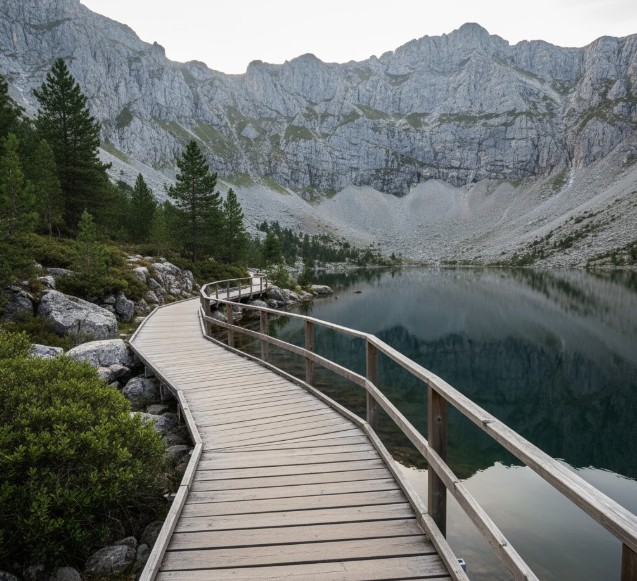 Pasarela de madera accesible que bordea la Laguna Negra