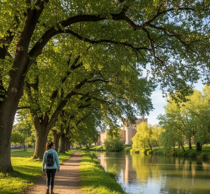 Persona paseando por la orilla del río Pisuerga en Simancas, con árboles frondosos