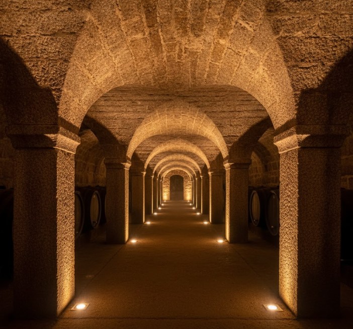 Pasillo abovedado en bodega subterránea de Fermoselle con columnas de piedra