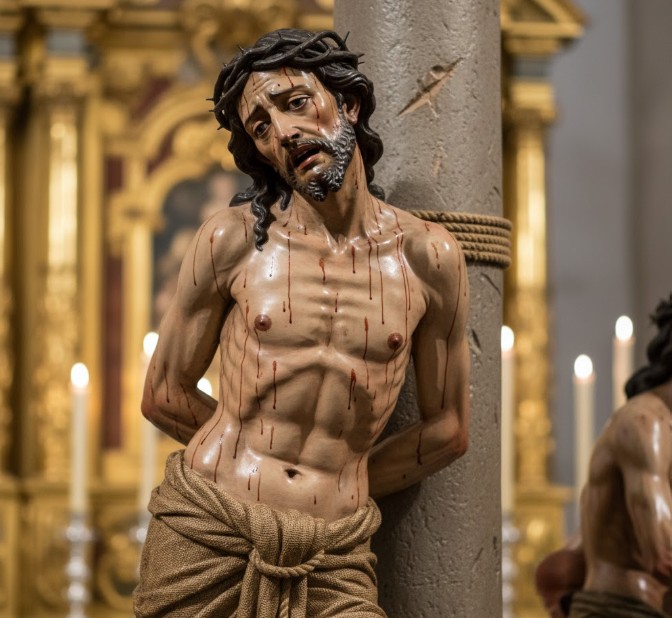 Detalle de un paso procesional de Gregorio Fernández, mostrando el realismo de la escultura.