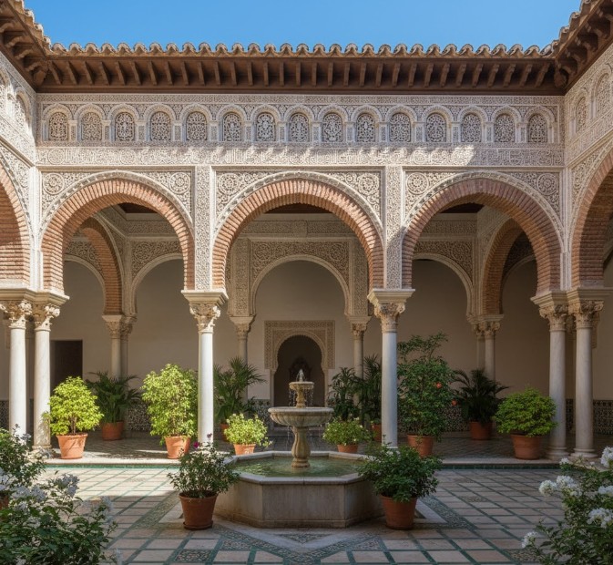 Arcos mudéjares y yeserías del Patio del Vergel en el Monasterio de Santa Clara.
