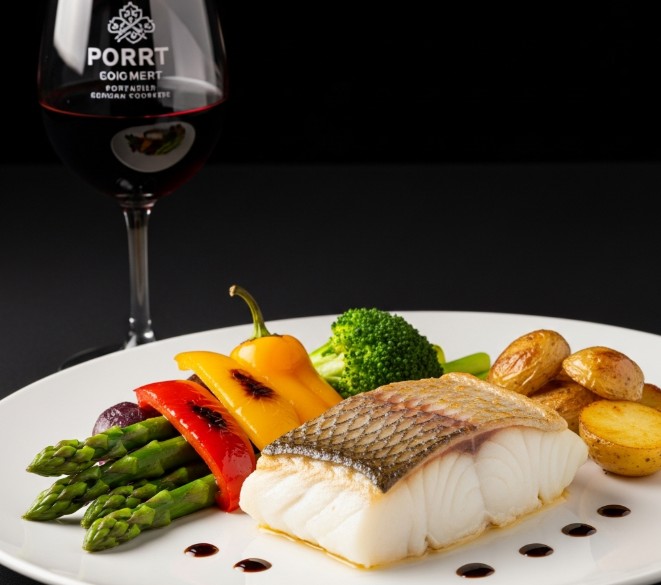 Plato de bacalao fresco con guarnición de verduras y vino de Oporto.