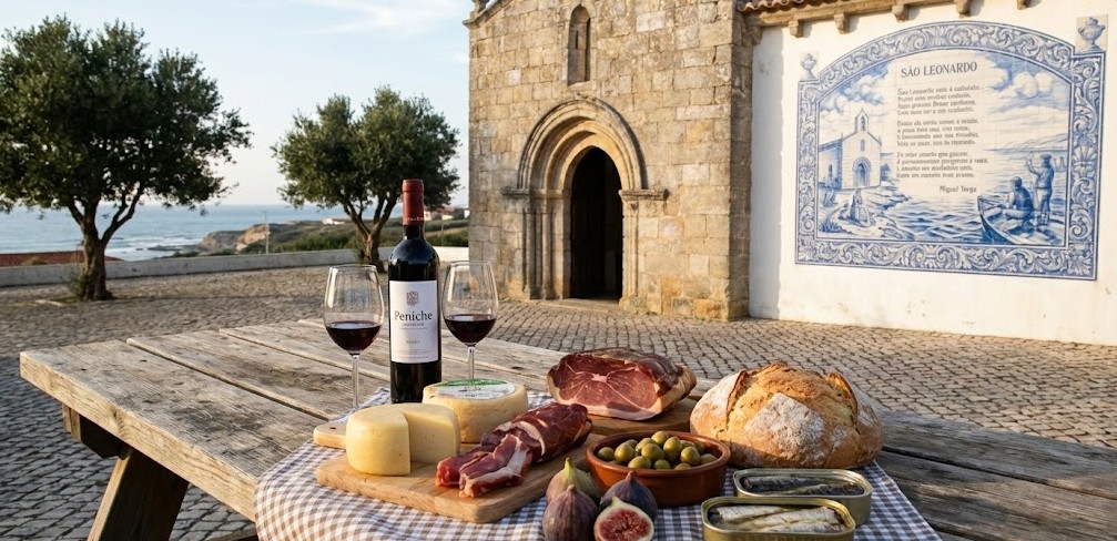 Mesa de picnic con vino y productos locales en el mirador de São Leonardo.