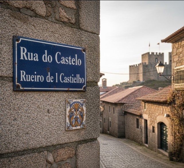 Señal de calle bilingüe en Portugués y Mirandés en Miranda do Douro