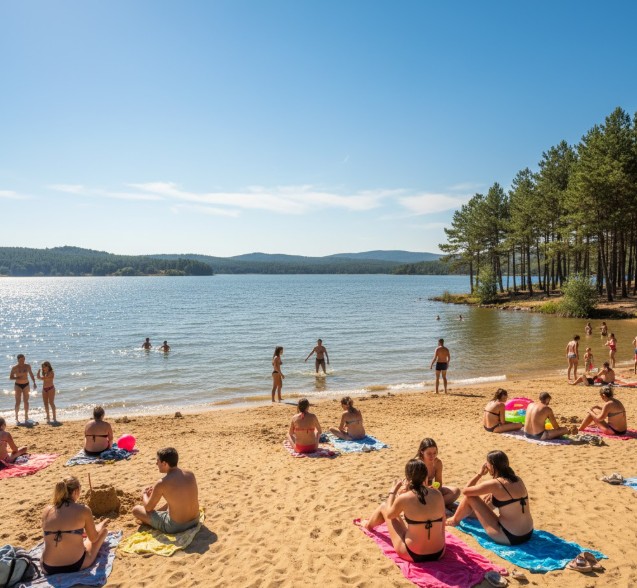 Gente disfrutando del verano en la arena de Playa Pita, Soria