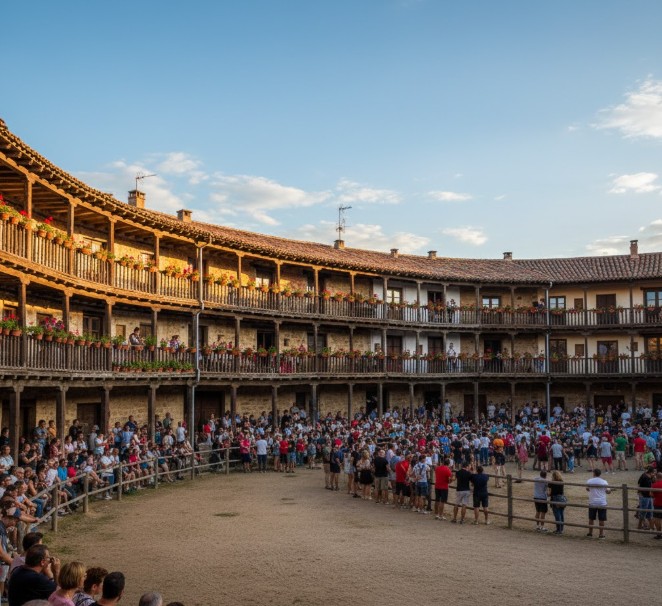 La Plaza del Coso en Peñafiel con sus balconadas de madera