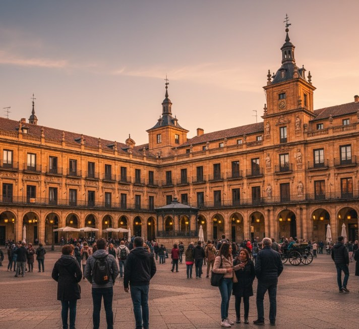 Plaza Mayor de Salamanca al atardecer con turistas y arquitectura dorada
