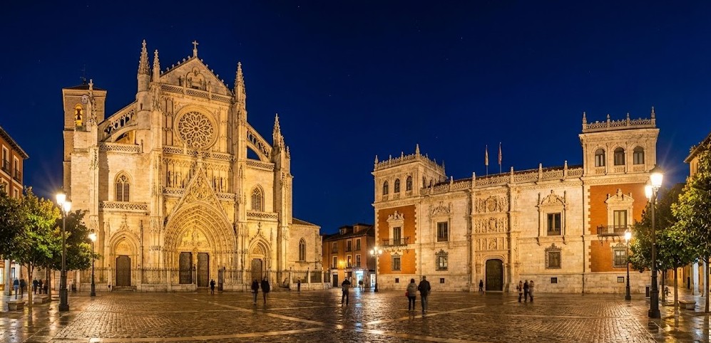 La Iglesia de San Pablo y el Palacio Real iluminados por la noche.