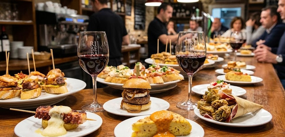 Primer plano de una barra de bar con una variada selección de pinchos y tapas elaboradas, acompañadas de copas de vino tinto.