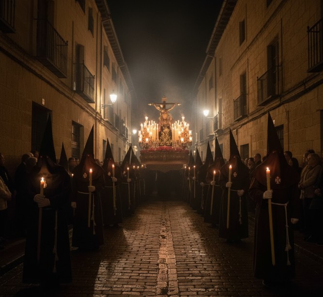 Cofrades de la Semana Santa de Toro en una procesión nocturna, con velas encendidas.