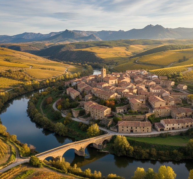 Pueblo tradicional de la Ribera del Duero con el río al fondo