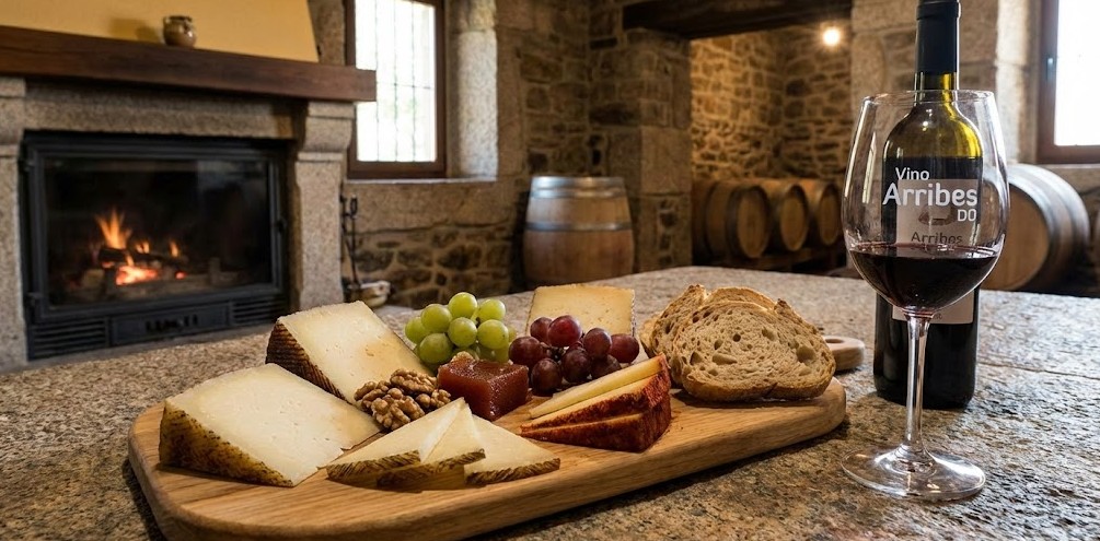 Tabla de queso de oveja de Arribes con una copa de vino tinto local.