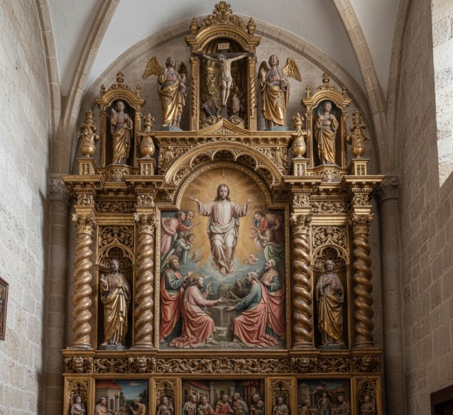 Detalle del espectacular retablo mayor renacentista de la Iglesia del Salvador