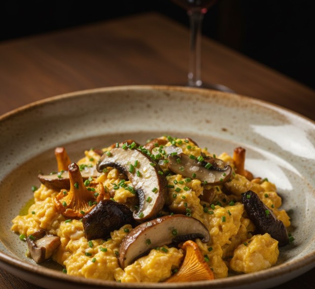 Plato de restaurante con un revuelto de boletus y setas variadas