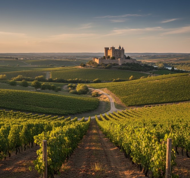 Viñedos de Tempranillo en la Ribera del Duero con el Castillo de Peñafiel al fondo.