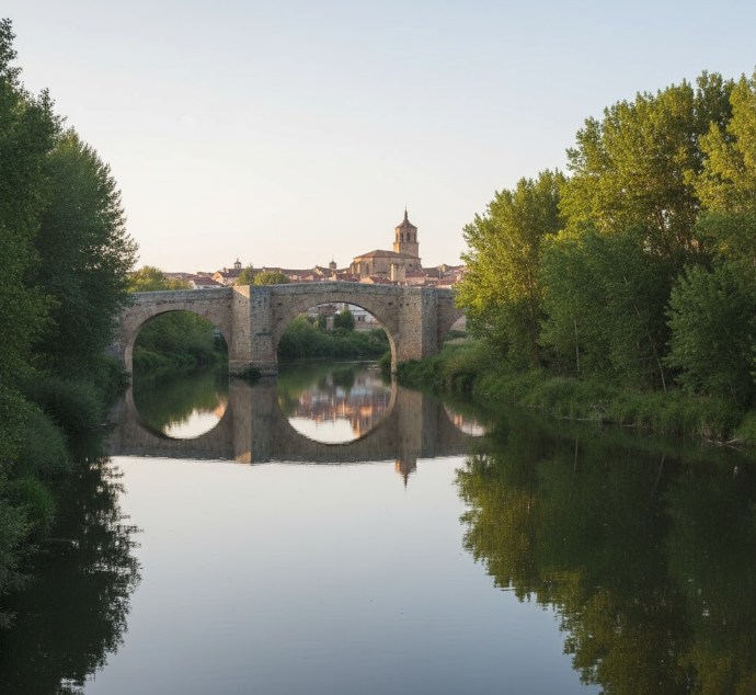 Vista del río Duero a su paso por Almazán, con el puente medieval