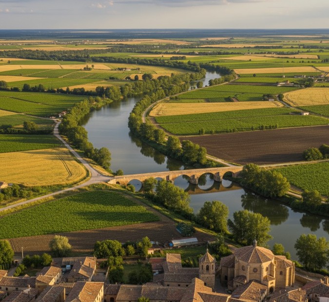 El río Duero a su paso por Tudela de Duero con campos verdes en sus orillas