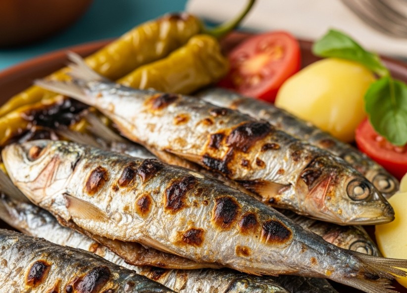Plato con sardinas asadas a la brasa, plato típico de las fiestas de São Pedro.