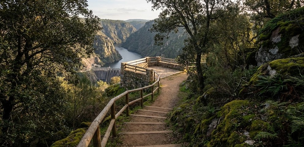 Sendero habilitado que conduce hacia el Mirador del Fraile entre vegetación.
