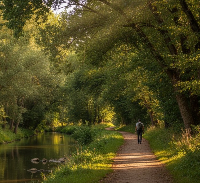Persona paseando por la orilla del río Pisuerga en Simancas, con árboles frondosos.