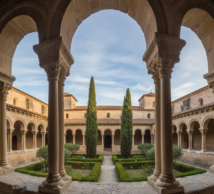 Vista del Claustro Románico de Santo Domingo de Silos, con sus arcos y capiteles tallados.