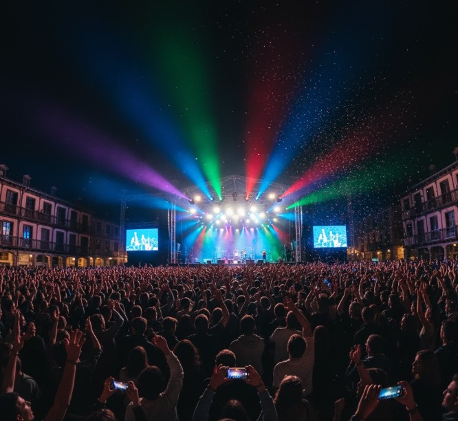 Público del Sonorama de noche disfrutando de un concierto con luces de colores