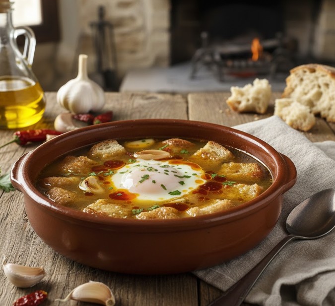 Cazuela de barro con sopa de ajo castellana tradicional.