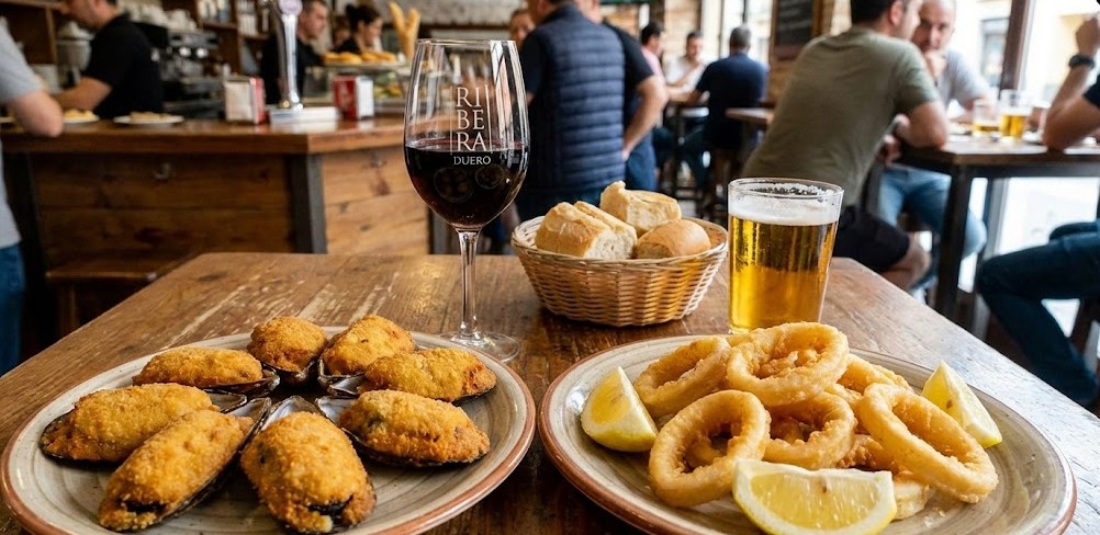 Ración de tigres (mejillones rellenos) y calamares, tapas clásicas de Valladolid.