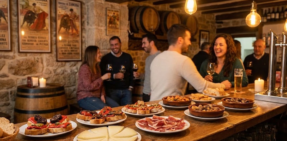 Barra de bar tradicional en el centro de Zamora repleta de tapas variadas, pinchos y vinos con clientes al fondo.