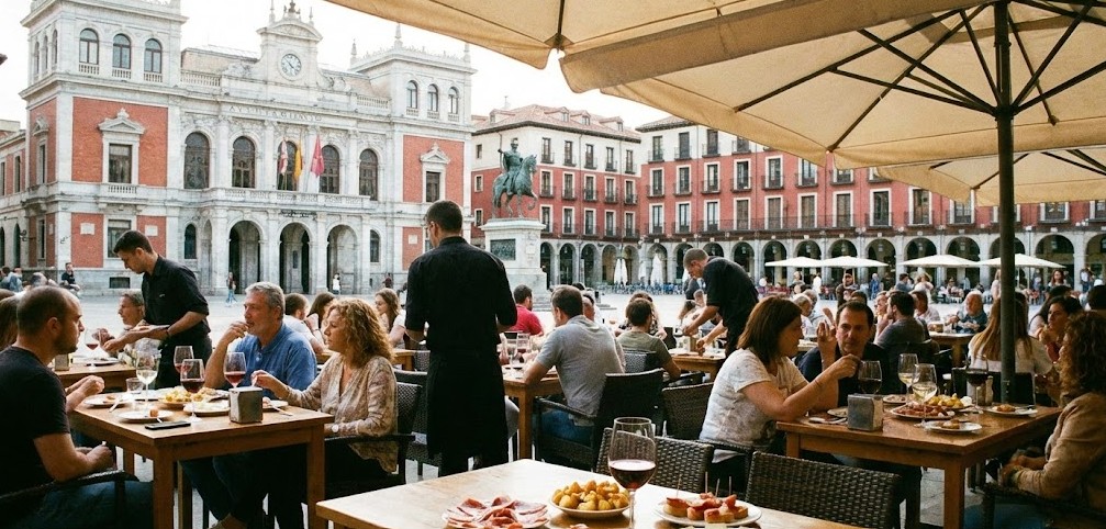 Ambiente de tapas y vinos en una terraza de la Plaza Mayor de Valladolid.
