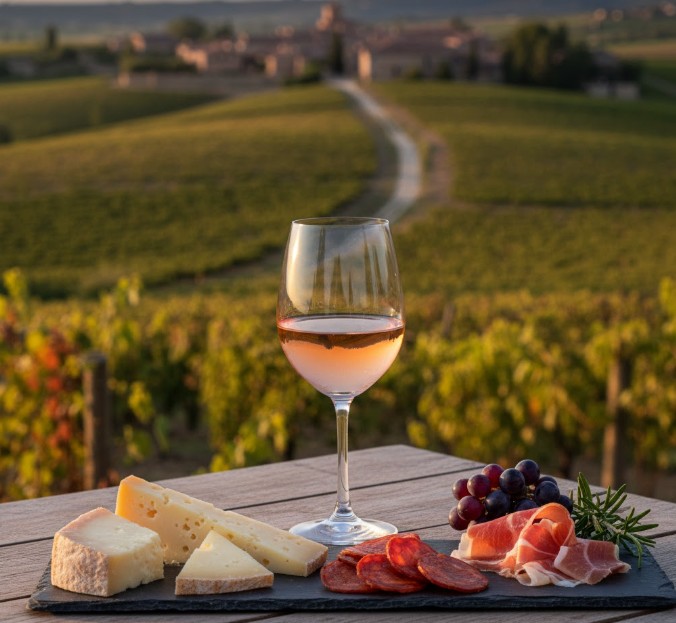 Copa de vino Clarete D.O. Cigales junto a tapas de queso y embutido.