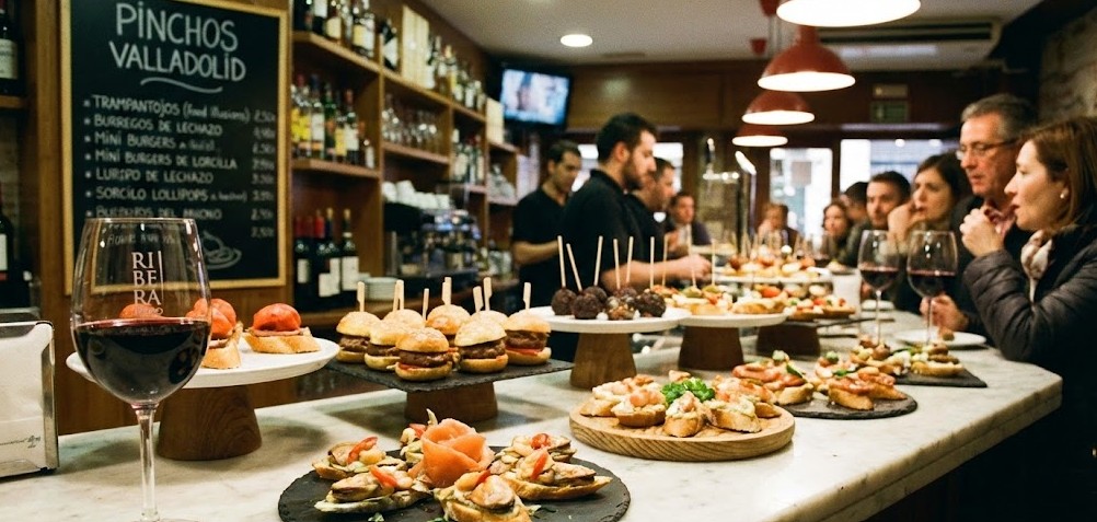Barra de pinchos y tapas creativas en Valladolid con una copa de vino tinto.
