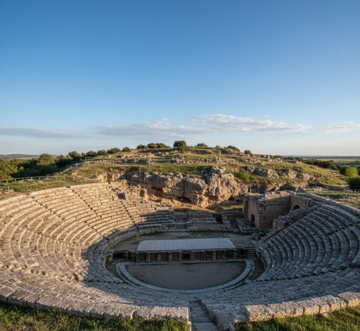 Teatro romano de Clunia excavado en la ladera, con graderío visible