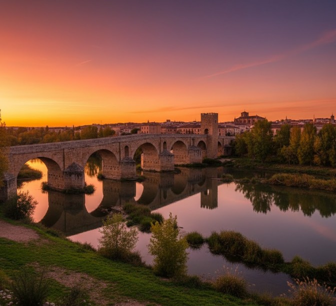Vista de Tordesillas y el río Duero al atardecer desde la orilla opuesta.