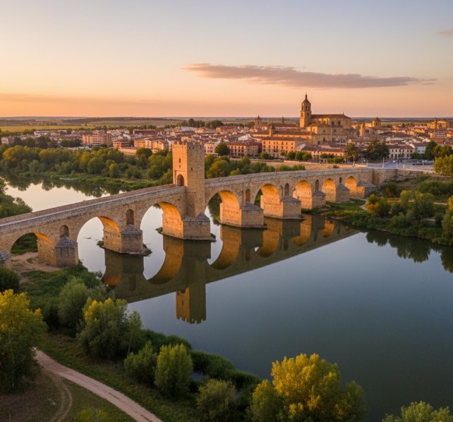 Vista del puente medieval de Tordesillas sobre el Duero