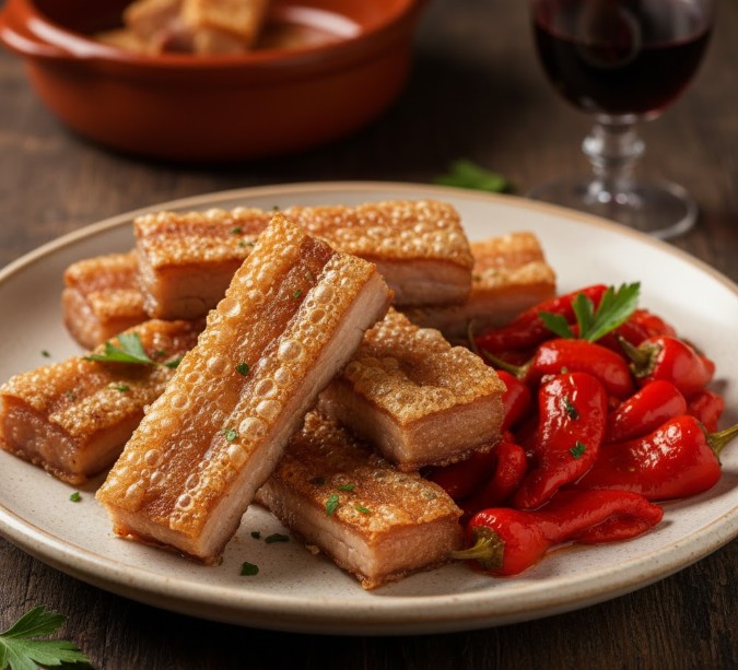 Plato de Torrezno de Soria crujiente con pimientos.