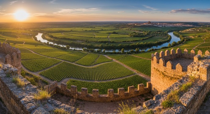 Vista de la vega del río Duero desde los muros del Alcázar, con viñedos al fondo.