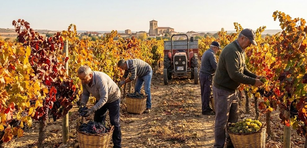Vendimia tradicional en los viñedos de Cigales.