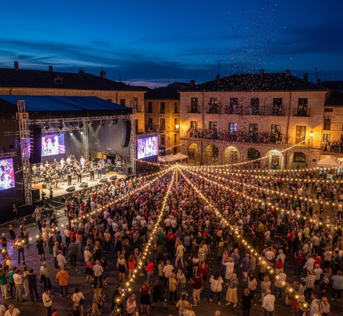 Verbena nocturna en la Plaza Mayor de Roa con orquesta y público