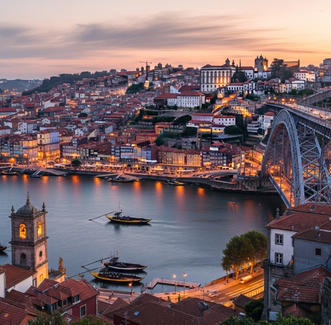 Vista panorámica de Vila Nova de Gaia, el río Duero y la ciudad de Oporto al fondo.
