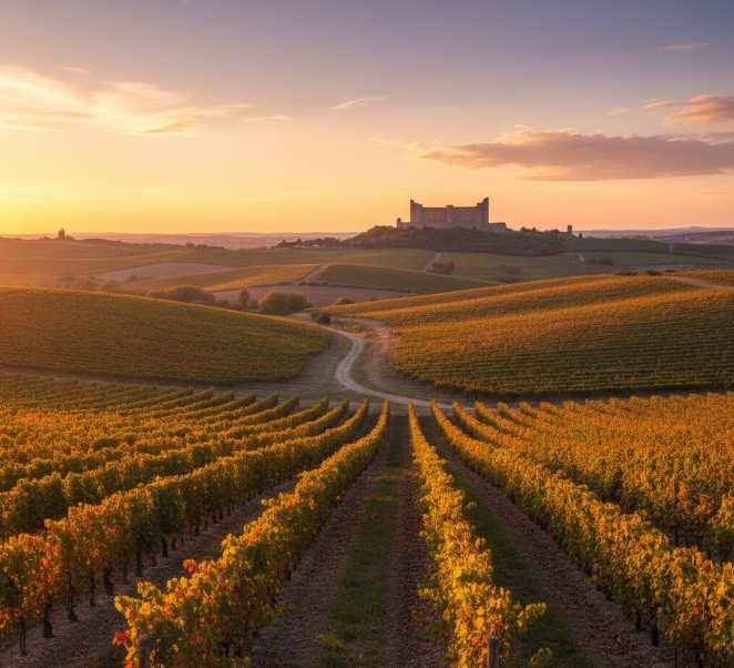 Viñedos de la Ribera del Duero en las laderas de Peñafiel al atardecer