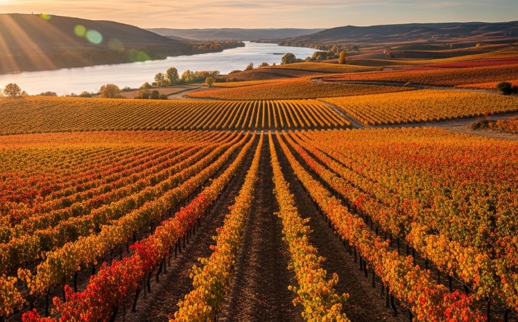 Extensos viñedos en hileras bien cuidadas, con las cepas maduras listas para la vendimia, que se extienden hasta el horizonte, donde se distingue el serpenteante río Duero.
