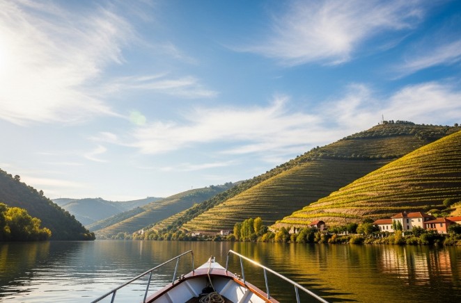 Viñedos escalonados en terrazas vistas desde un barco en el río Duero.