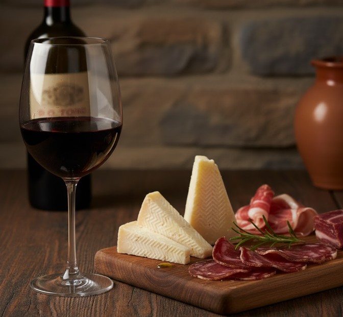 Copa de vino tinto D.O. Toro junto a queso Zamorano curado y carne.