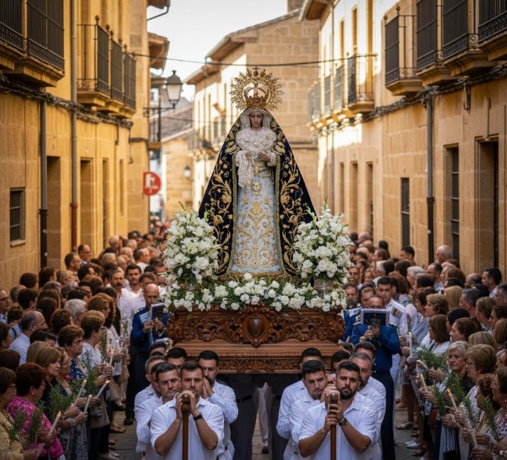Procesión de la Virgen de la Asunción en Roa: vecinos portando la imagen por las calles