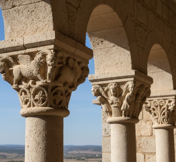 Detalle de los capiteles tallados en la galería porticada de la Virgen del Rivero.