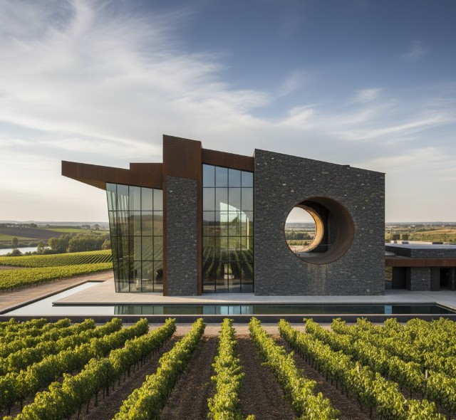Fachada de una bodega de la Ribera del Duero con arquitectura de vanguardia