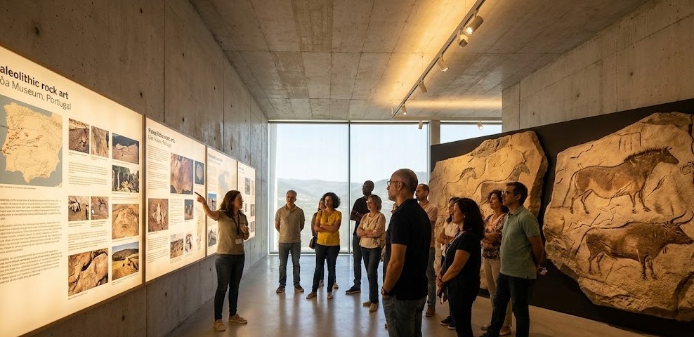 Visita guiada en el Museo del Coa mostrando reproducciones de grabados rupestres.