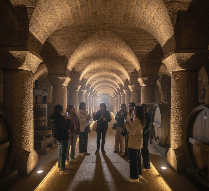Grupo en visita guiada por una bodega subterránea de Fermoselle