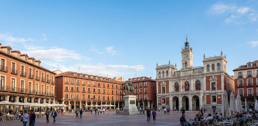 Vista panorámica y soleada de la Plaza Mayor de Valladolid, mostrando la amplitud del espacio, los edificios porticados de color rojizo y la estatua del Conde Ansúrez en el centro.